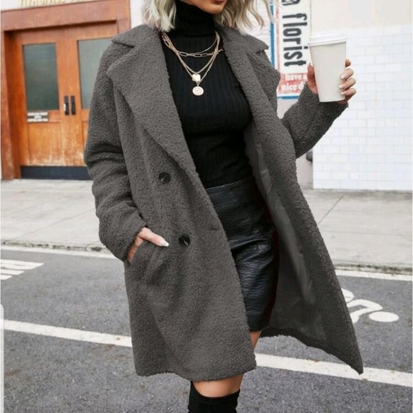 Gray Faux fur teddy pea coat contemporary - Picture 3 of 6